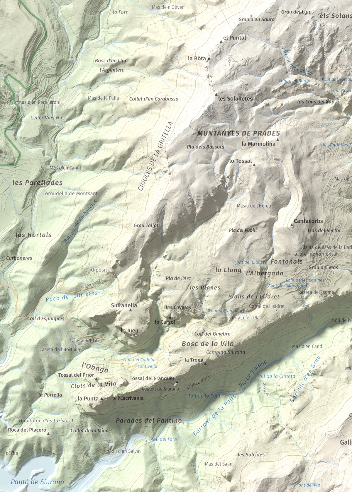 Mapa de relieve de Puig de Gallicant, 1010 m, Baix Camp, lámina 100 Cims de Trobart. Detalle de la zona superior izquierda. 50 × 70 cm.