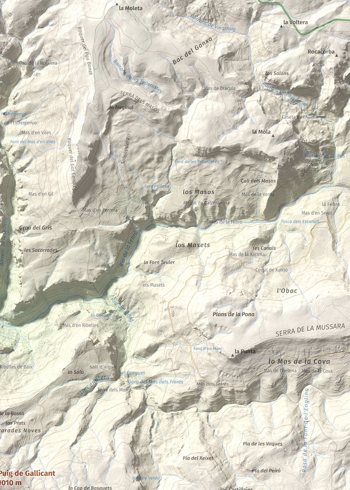 Mapa de relieve de Puig de Gallicant, 1010 m, Baix Camp, lámina 100 Cims de Trobart. Detalle de la zona superior derecha. 50 × 70 cm.