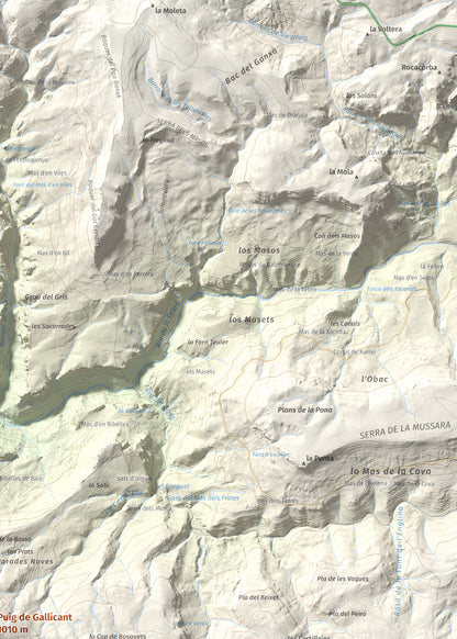Mapa de relieve de Puig de Gallicant, 1010 m, Baix Camp, lámina 100 Cims de Trobart. Detalle de la zona superior derecha. 50 × 70 cm.