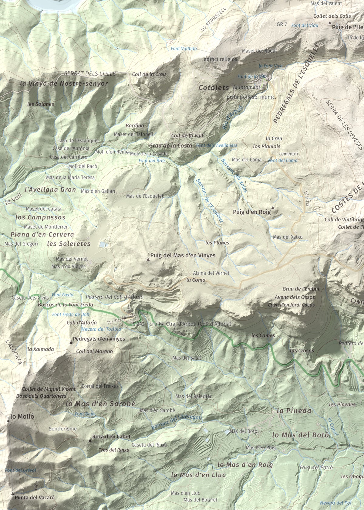 Mapa de relieve de Puig de Gallicant, 1010 m, Baix Camp, lámina 100 Cims de Trobart. Detalle de la zona inferior izquierda. 50 × 70 cm.