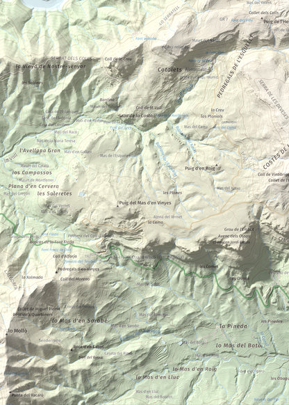 Mapa de relieve de Puig de Gallicant, 1010 m, Baix Camp, lámina 100 Cims de Trobart. Detalle de la zona inferior izquierda. 50 × 70 cm.
