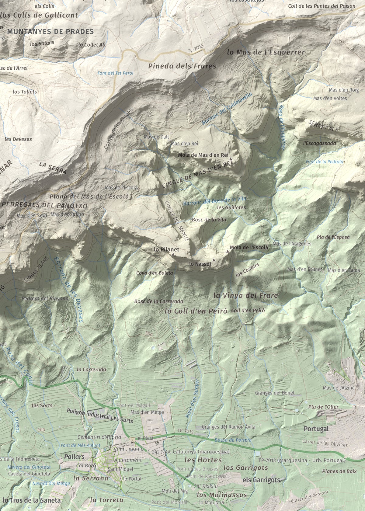 Mapa de relieve de Puig de Gallicant, 1010 m, Baix Camp, lámina 100 Cims de Trobart. Detalle de la zona inferior derecha. 50 × 70 cm.