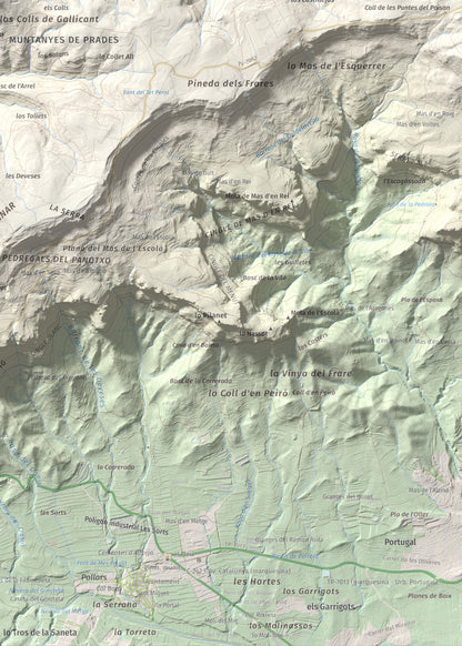 Mapa de relieve de Puig de Gallicant, 1010 m, Baix Camp, lámina 100 Cims de Trobart. Detalle de la zona inferior derecha. 50 × 70 cm.
