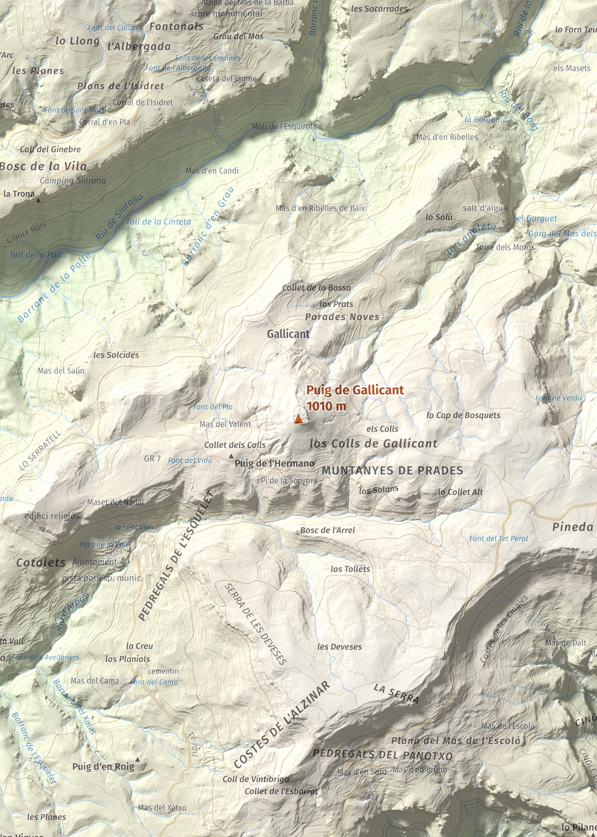Mapa de relieve de Puig de Gallicant, 1010 m, Baix Camp, lámina 100 Cims de Trobart. Detalle de la zona central. 50 × 70 cm.