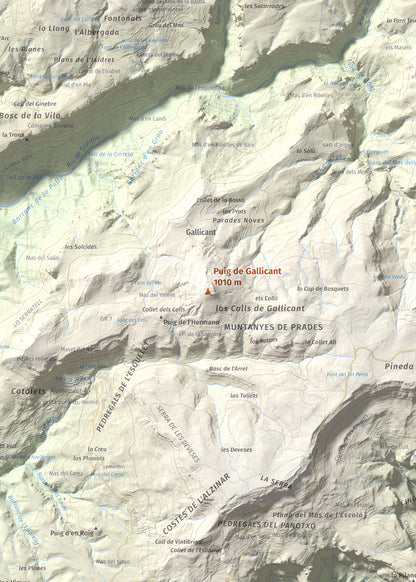 Mapa de relieve de Puig de Gallicant, 1010 m, Baix Camp, lámina 100 Cims de Trobart. Detalle de la zona central. 50 × 70 cm.