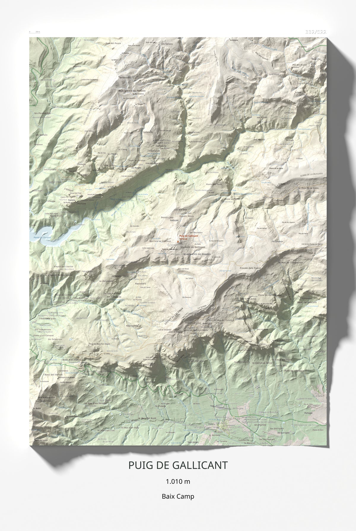Mapa de relieve de Puig de Gallicant, 1010 m, Baix Camp, lámina 100 Cims de Trobart 61 × 91 cm.
