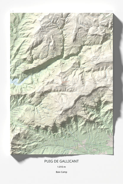 Mapa de relieve de Puig de Gallicant, 1010 m, Baix Camp, lámina 100 Cims de Trobart 61 × 91 cm.