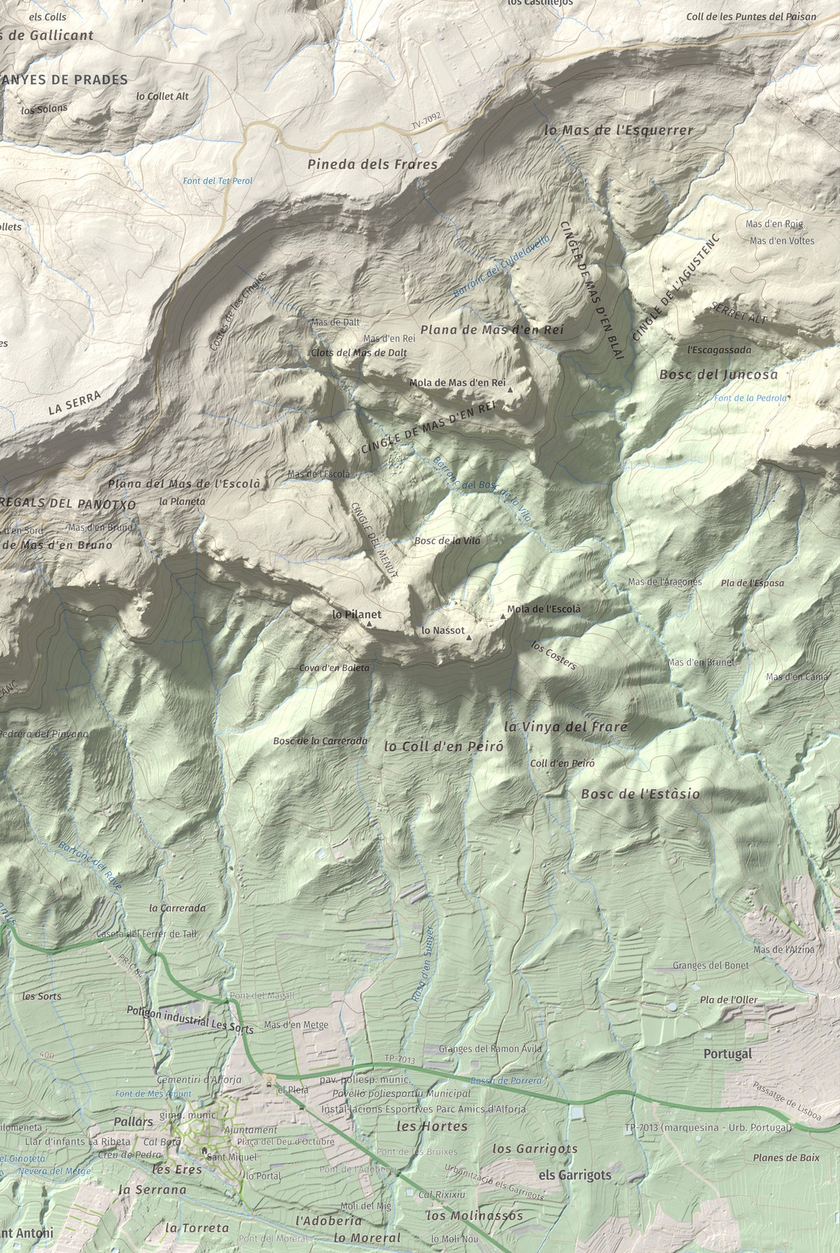 Mapa de relieve de Puig de Gallicant, 1010 m, Baix Camp, lámina 100 Cims de Trobart. Detalle de la zona inferior derecha. 61 × 91 cm.