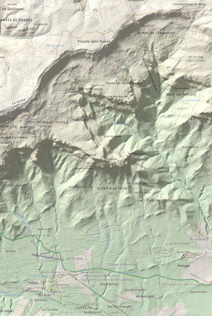 Mapa de relieve de Puig de Gallicant, 1010 m, Baix Camp, lámina 100 Cims de Trobart. Detalle de la zona inferior derecha. 61 × 91 cm.