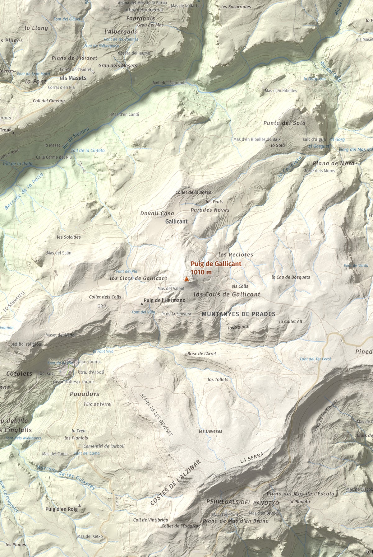 Mapa de relieve de Puig de Gallicant, 1010 m, Baix Camp, lámina 100 Cims de Trobart. Detalle de la zona central. 61 × 91 cm.