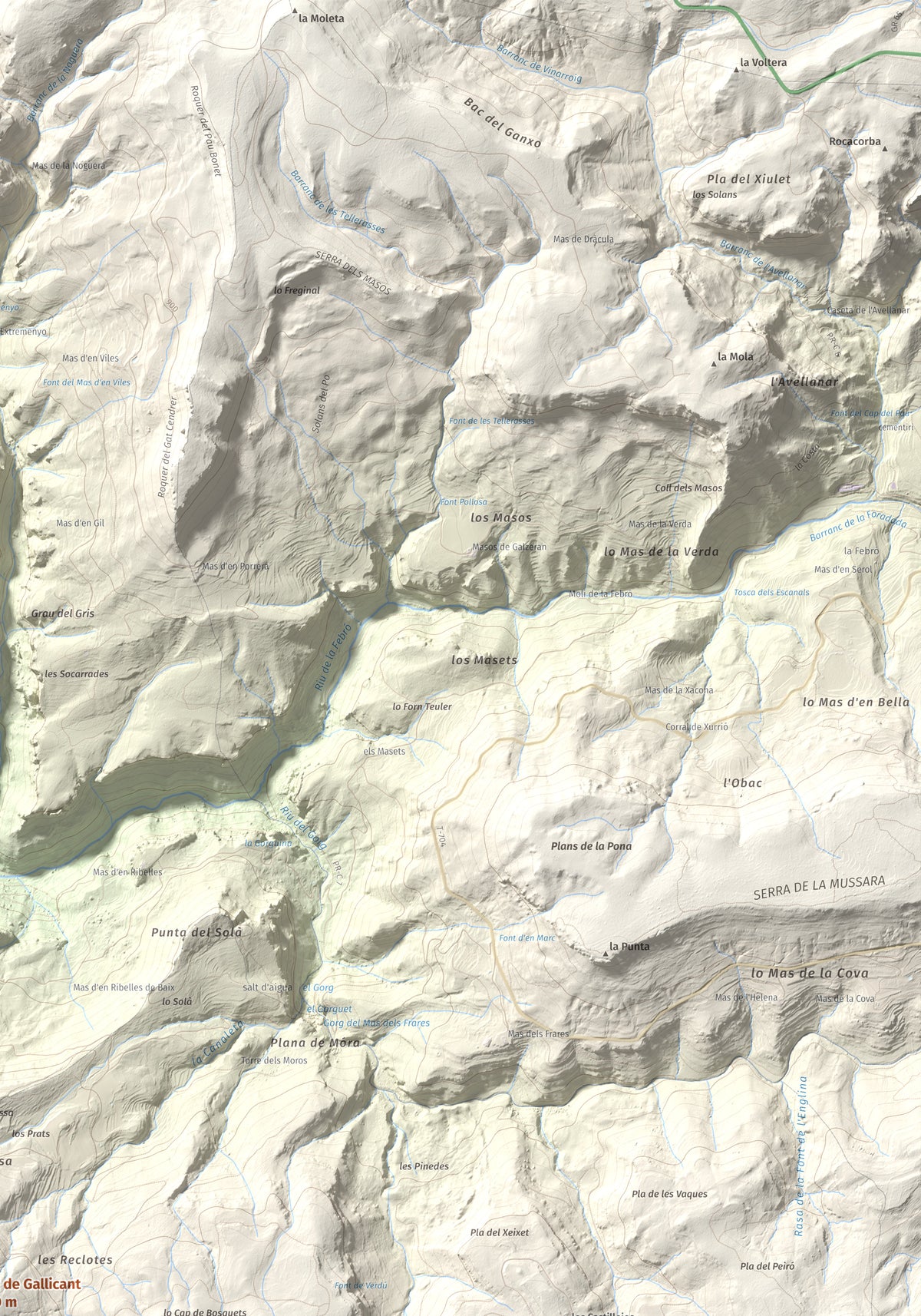 Mapa de relieve de Puig de Gallicant, 1010 m, Baix Camp, lámina 100 Cims de Trobart. Detalle de la zona superior derecha. 70 × 100 cm.