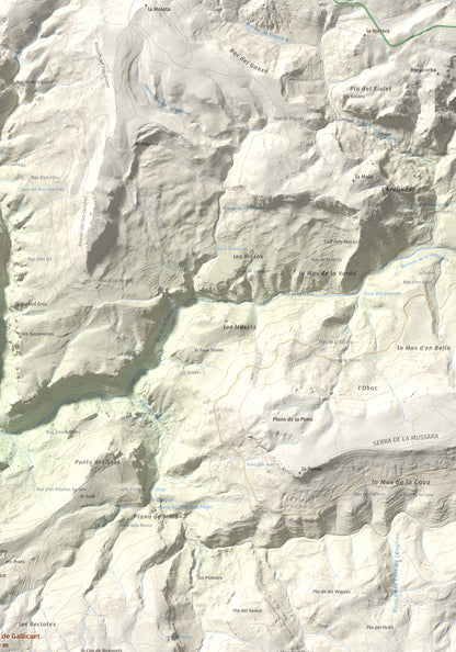 Mapa de relieve de Puig de Gallicant, 1010 m, Baix Camp, lámina 100 Cims de Trobart. Detalle de la zona superior derecha. 70 × 100 cm.