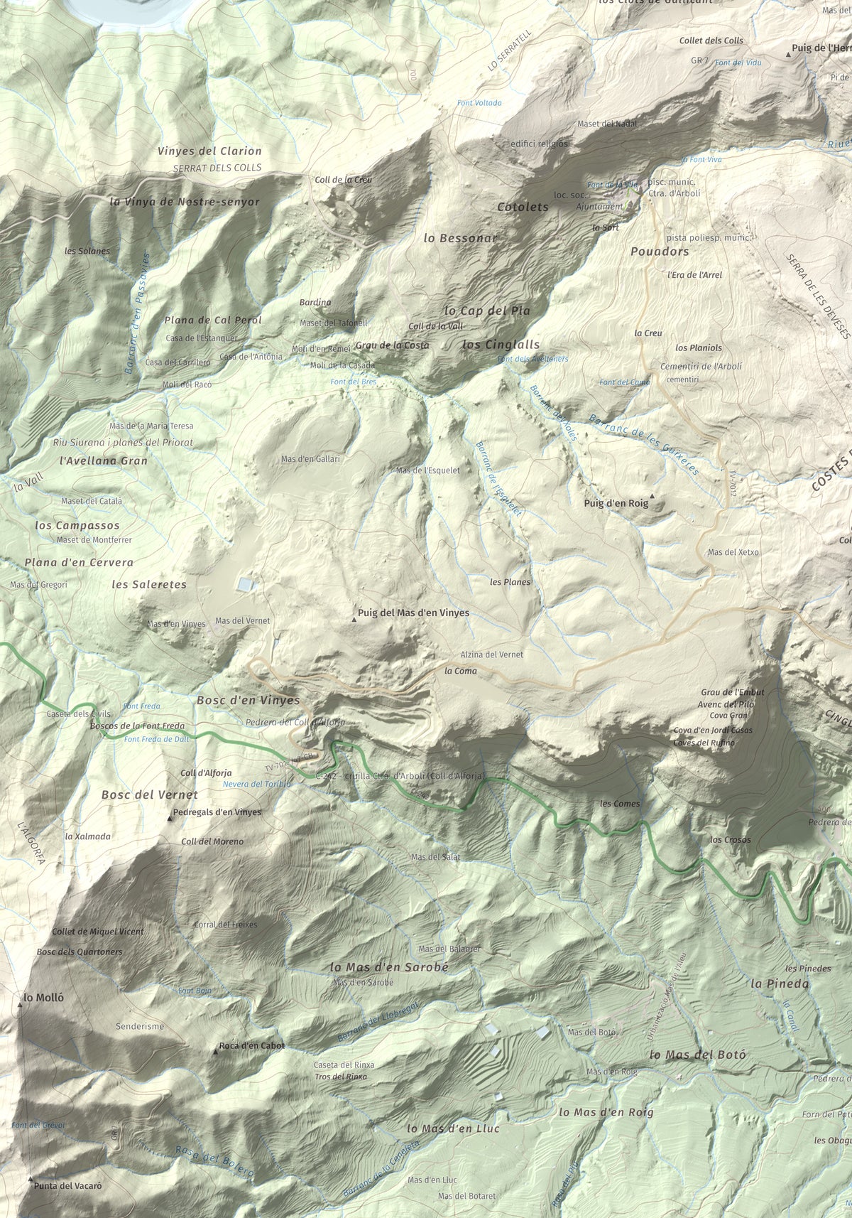 Mapa de relieve de Puig de Gallicant, 1010 m, Baix Camp, lámina 100 Cims de Trobart. Detalle de la zona inferior izquierda. 70 × 100 cm.