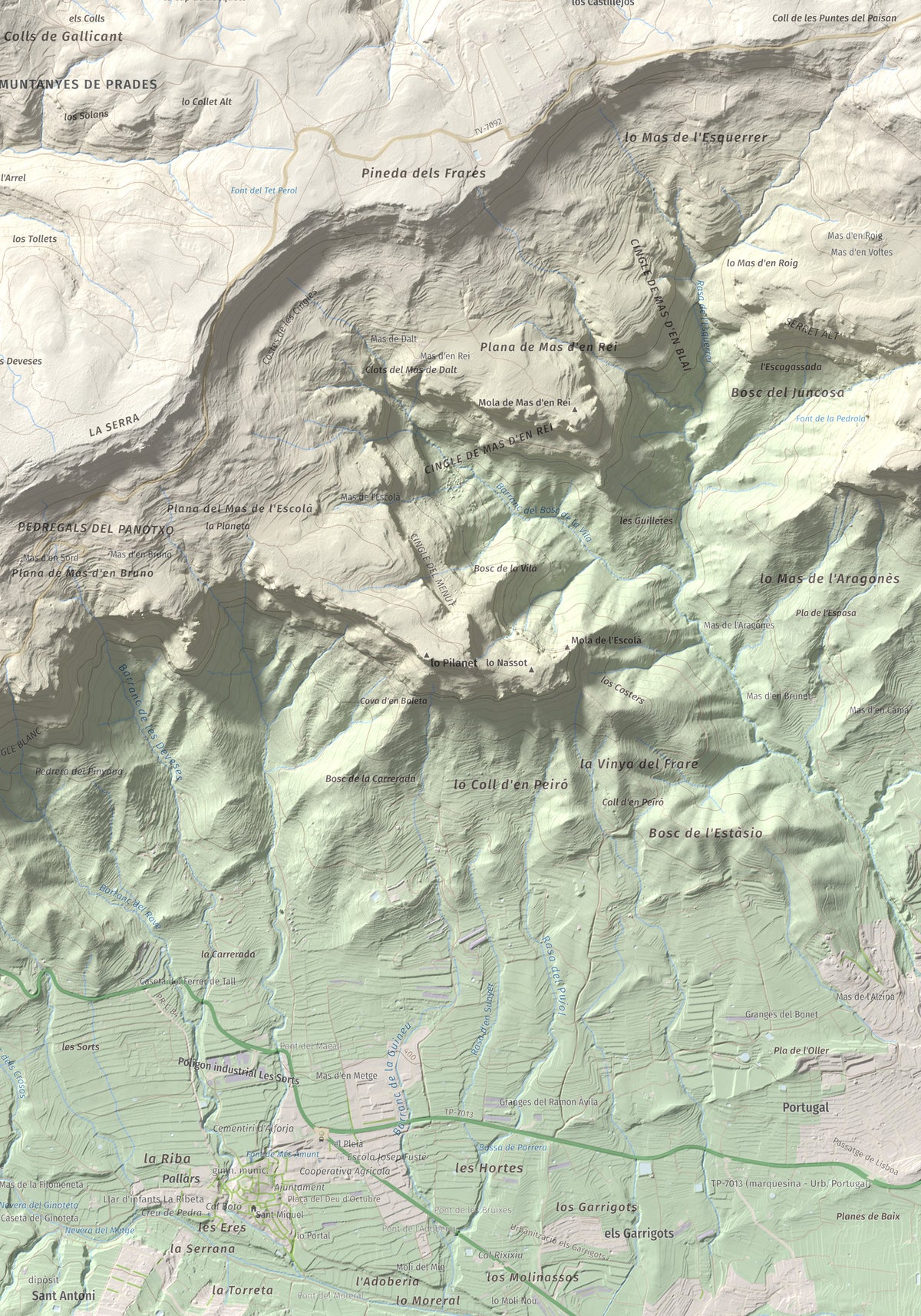 Mapa de relieve de Puig de Gallicant, 1010 m, Baix Camp, lámina 100 Cims de Trobart. Detalle de la zona inferior derecha. 70 × 100 cm.