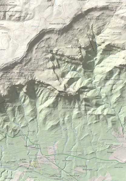 Mapa de relieve de Puig de Gallicant, 1010 m, Baix Camp, lámina 100 Cims de Trobart. Detalle de la zona inferior derecha. 70 × 100 cm.