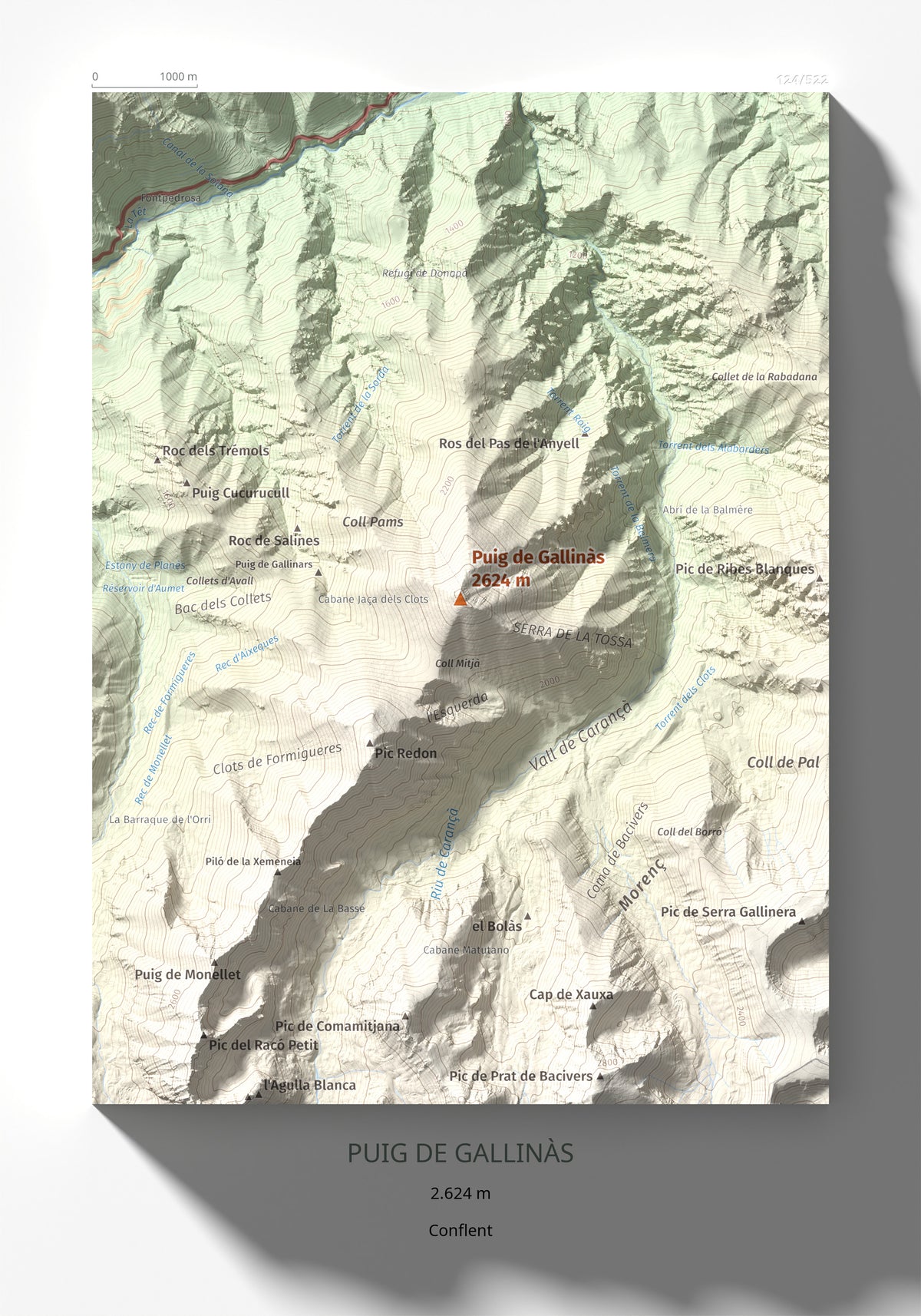 Mapa de relieve de Puig de Gallinàs, 2624 m, Conflent, lámina 100 Cims de Trobart 21 × 30 cm.