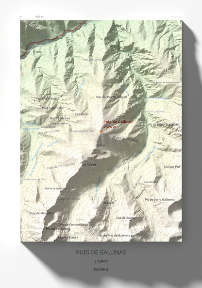 Mapa de relieve de Puig de Gallinàs, 2624 m, Conflent, lámina 100 Cims de Trobart 21 × 30 cm.