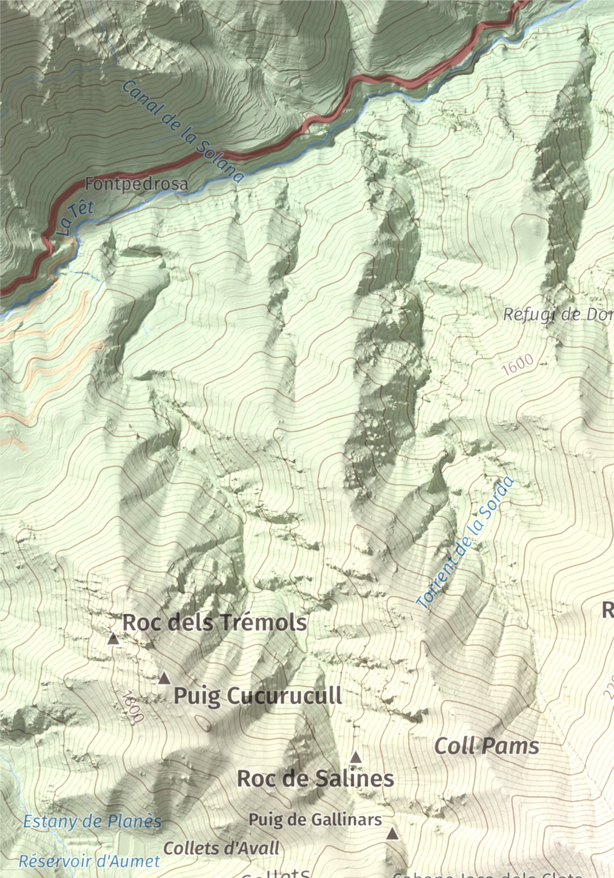 Mapa de relieve de Puig de Gallinàs, 2624 m, Conflent, lámina 100 Cims de Trobart. Detalle de la zona superior izquierda. 21 × 30 cm.