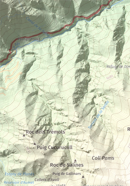 Mapa de relieve de Puig de Gallinàs, 2624 m, Conflent, lámina 100 Cims de Trobart. Detalle de la zona superior izquierda. 21 × 30 cm.