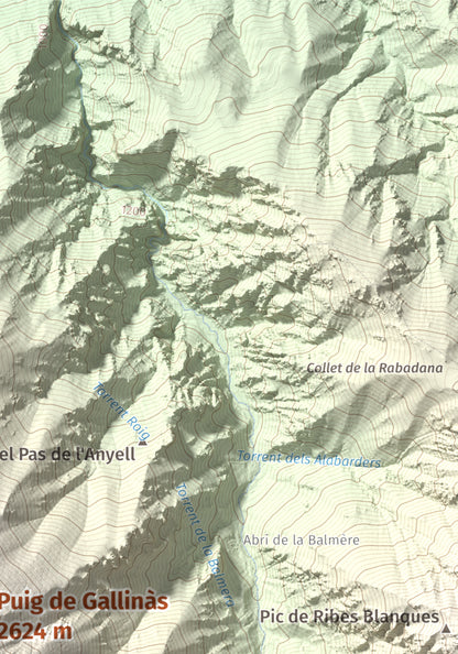 Mapa de relieve de Puig de Gallinàs, 2624 m, Conflent, lámina 100 Cims de Trobart. Detalle de la zona superior derecha. 21 × 30 cm.