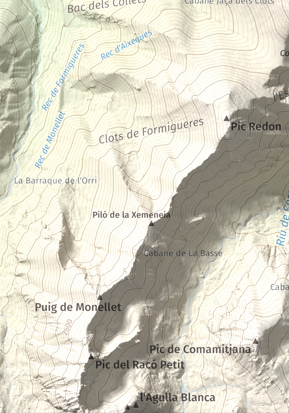 Mapa de relieve de Puig de Gallinàs, 2624 m, Conflent, lámina 100 Cims de Trobart. Detalle de la zona inferior izquierda. 21 × 30 cm.