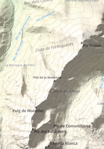 Mapa de relieve de Puig de Gallinàs, 2624 m, Conflent, lámina 100 Cims de Trobart. Detalle de la zona inferior izquierda. 21 × 30 cm.