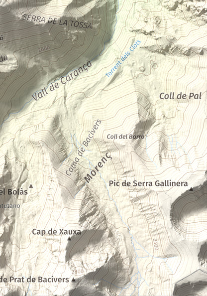 Mapa de relieve de Puig de Gallinàs, 2624 m, Conflent, lámina 100 Cims de Trobart. Detalle de la zona inferior derecha. 21 × 30 cm.