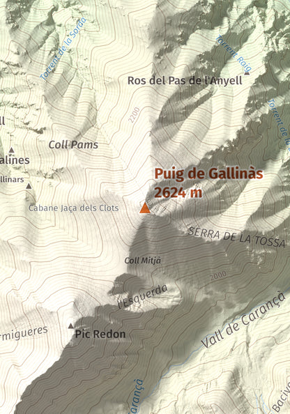 Mapa de relieve de Puig de Gallinàs, 2624 m, Conflent, lámina 100 Cims de Trobart. Detalle de la zona central. 21 × 30 cm.