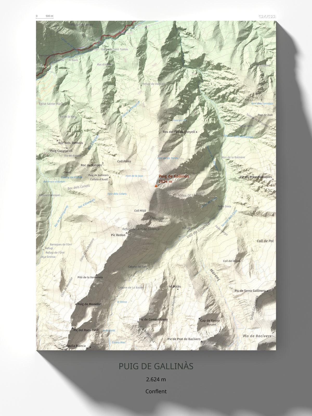 Mapa de relieve de Puig de Gallinàs, 2624 m, Conflent, lámina 100 Cims de Trobart 30 × 40 cm.