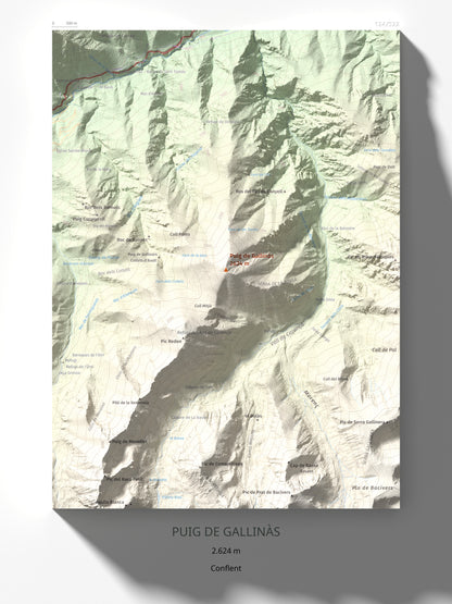 Mapa de relieve de Puig de Gallinàs, 2624 m, Conflent, lámina 100 Cims de Trobart 30 × 40 cm.