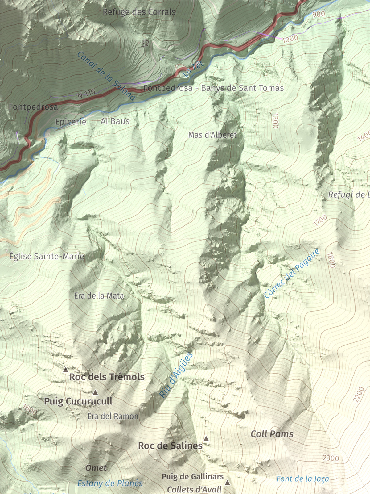 Mapa de relieve de Puig de Gallinàs, 2624 m, Conflent, lámina 100 Cims de Trobart. Detalle de la zona superior izquierda. 30 × 40 cm.