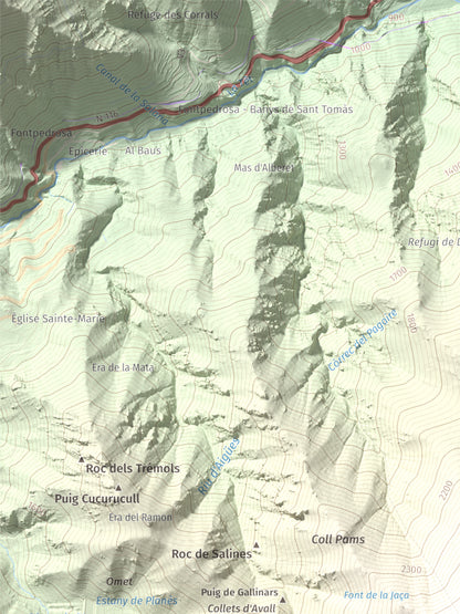 Mapa de relieve de Puig de Gallinàs, 2624 m, Conflent, lámina 100 Cims de Trobart. Detalle de la zona superior izquierda. 30 × 40 cm.