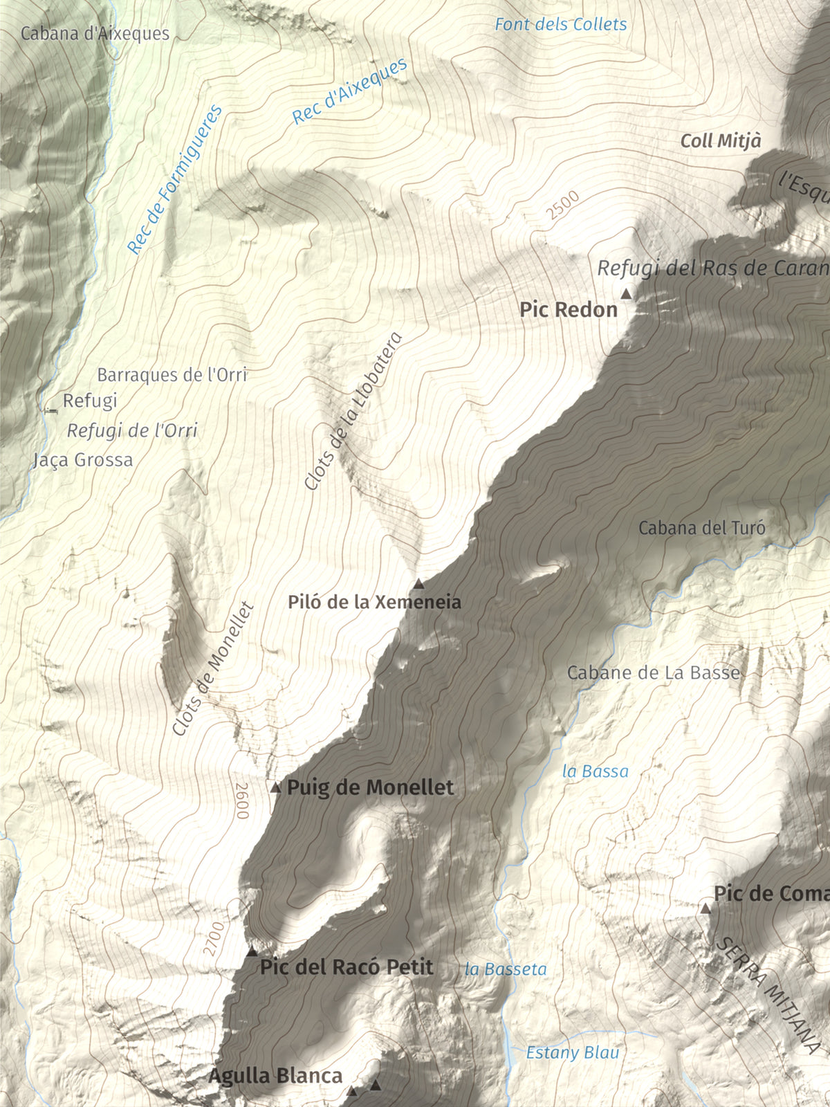Mapa de relieve de Puig de Gallinàs, 2624 m, Conflent, lámina 100 Cims de Trobart. Detalle de la zona inferior izquierda. 30 × 40 cm.