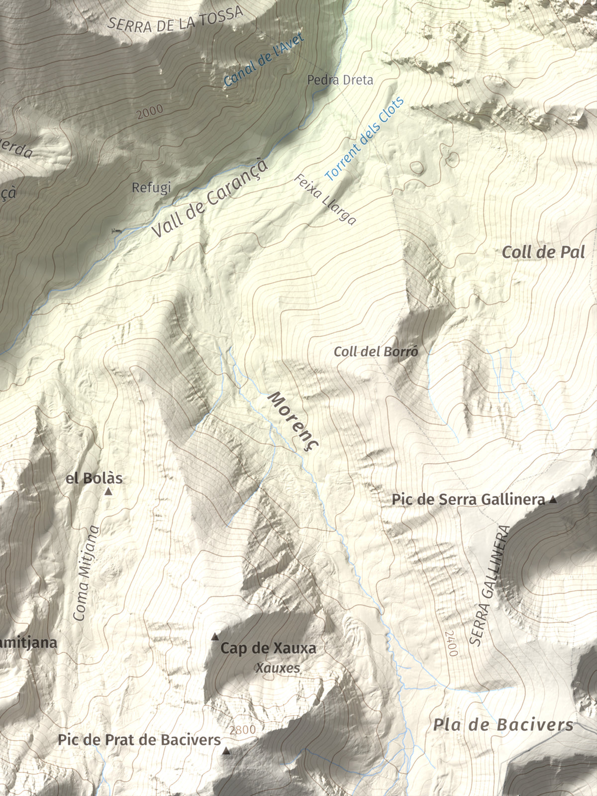 Mapa de relieve de Puig de Gallinàs, 2624 m, Conflent, lámina 100 Cims de Trobart. Detalle de la zona inferior derecha. 30 × 40 cm.