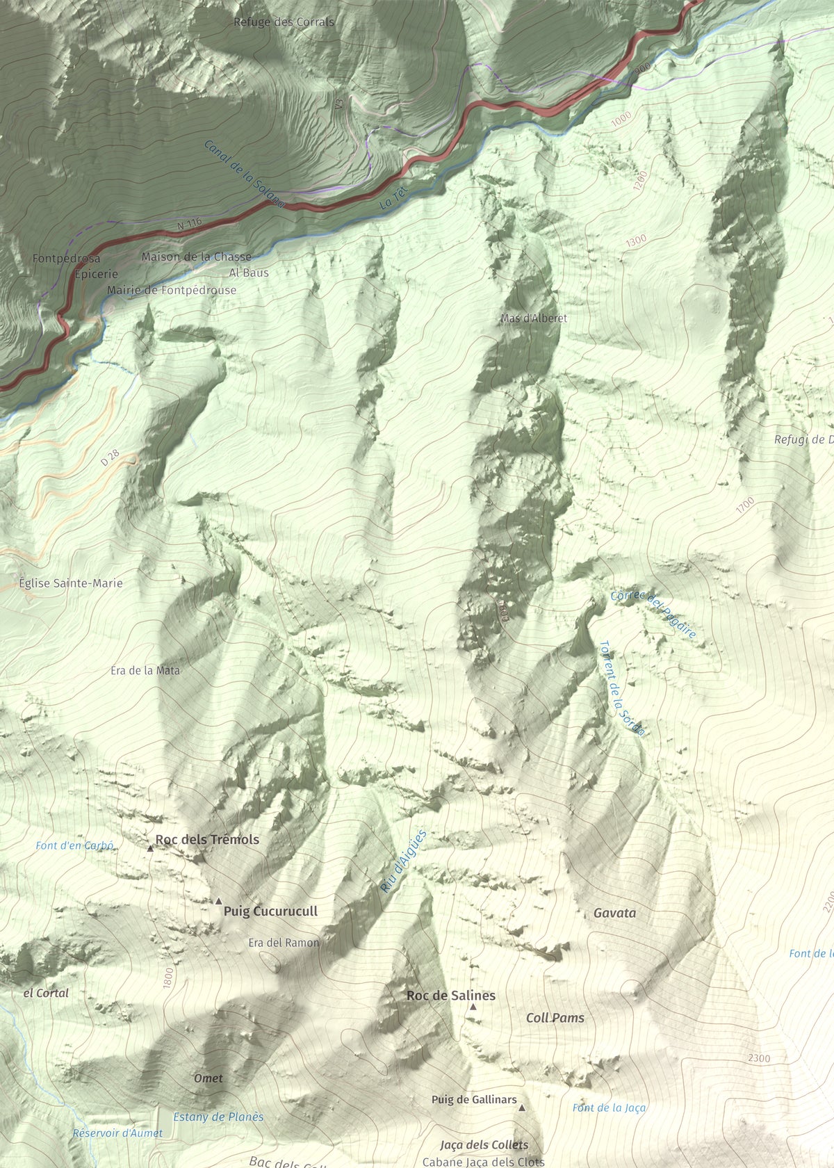 Mapa de relieve de Puig de Gallinàs, 2624 m, Conflent, lámina 100 Cims de Trobart. Detalle de la zona superior izquierda. 50 × 70 cm.