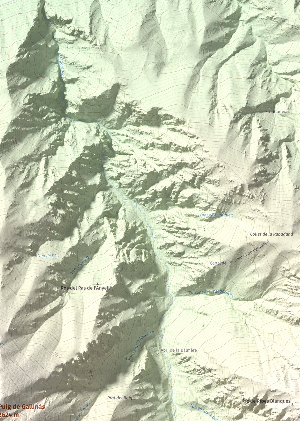 Mapa de relieve de Puig de Gallinàs, 2624 m, Conflent, lámina 100 Cims de Trobart. Detalle de la zona superior derecha. 50 × 70 cm.