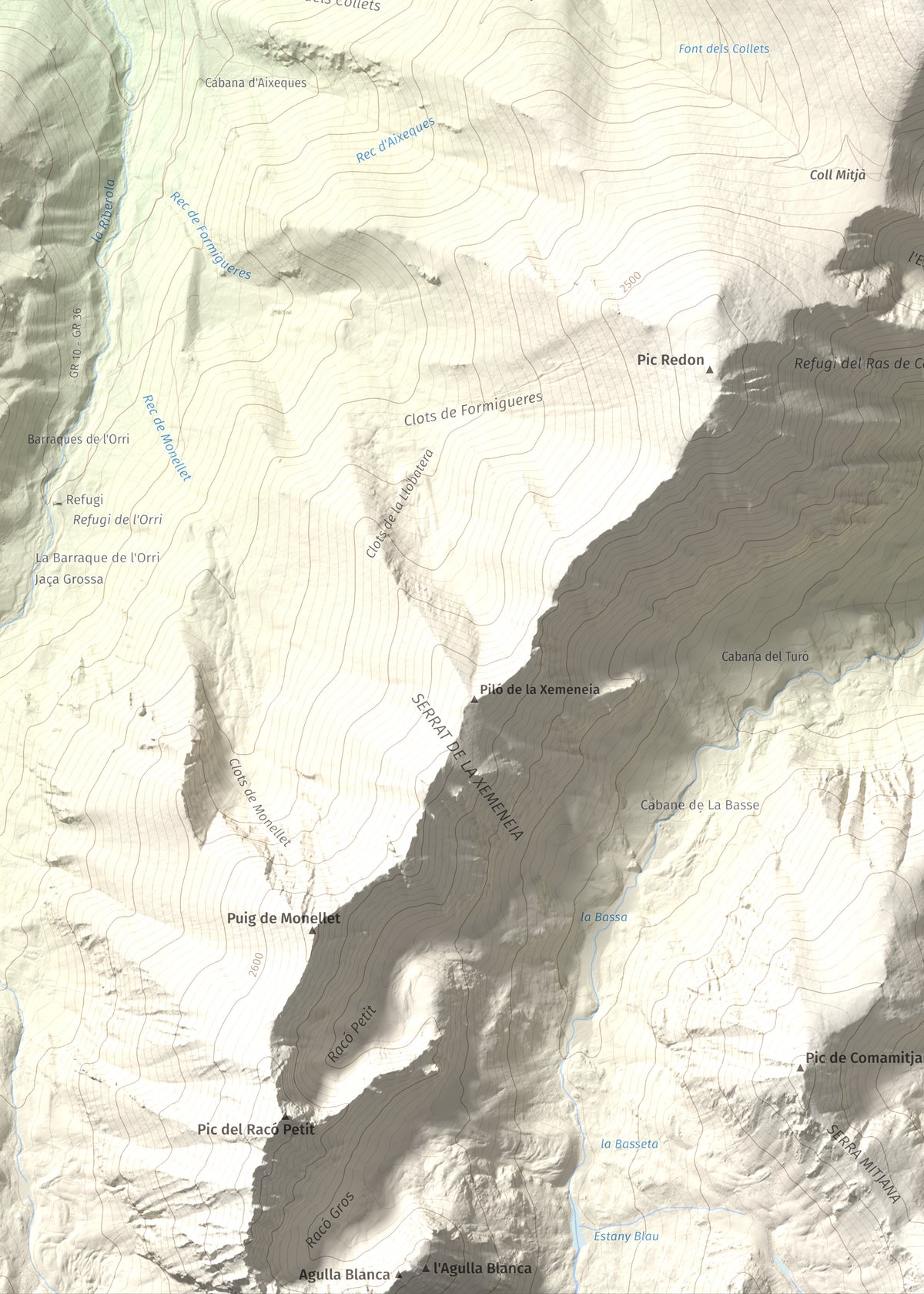 Mapa de relieve de Puig de Gallinàs, 2624 m, Conflent, lámina 100 Cims de Trobart. Detalle de la zona inferior izquierda. 50 × 70 cm.