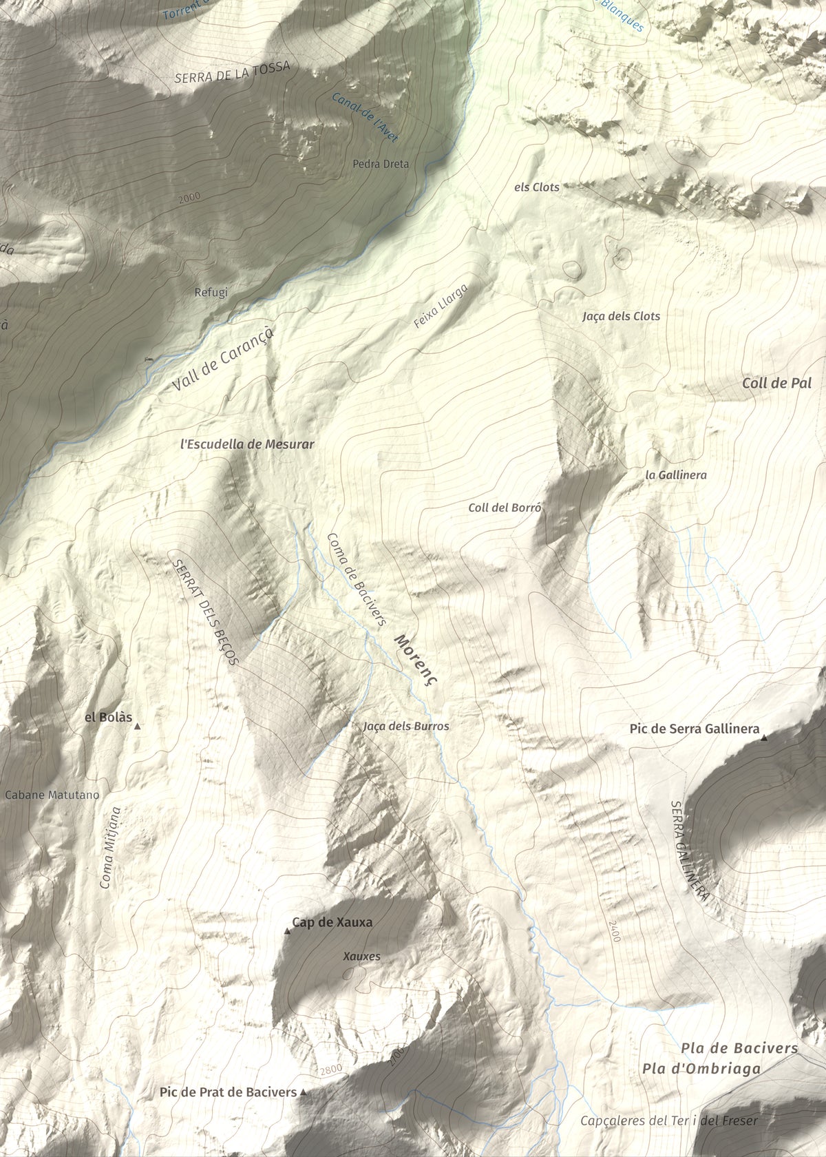 Mapa de relieve de Puig de Gallinàs, 2624 m, Conflent, lámina 100 Cims de Trobart. Detalle de la zona inferior derecha. 50 × 70 cm.