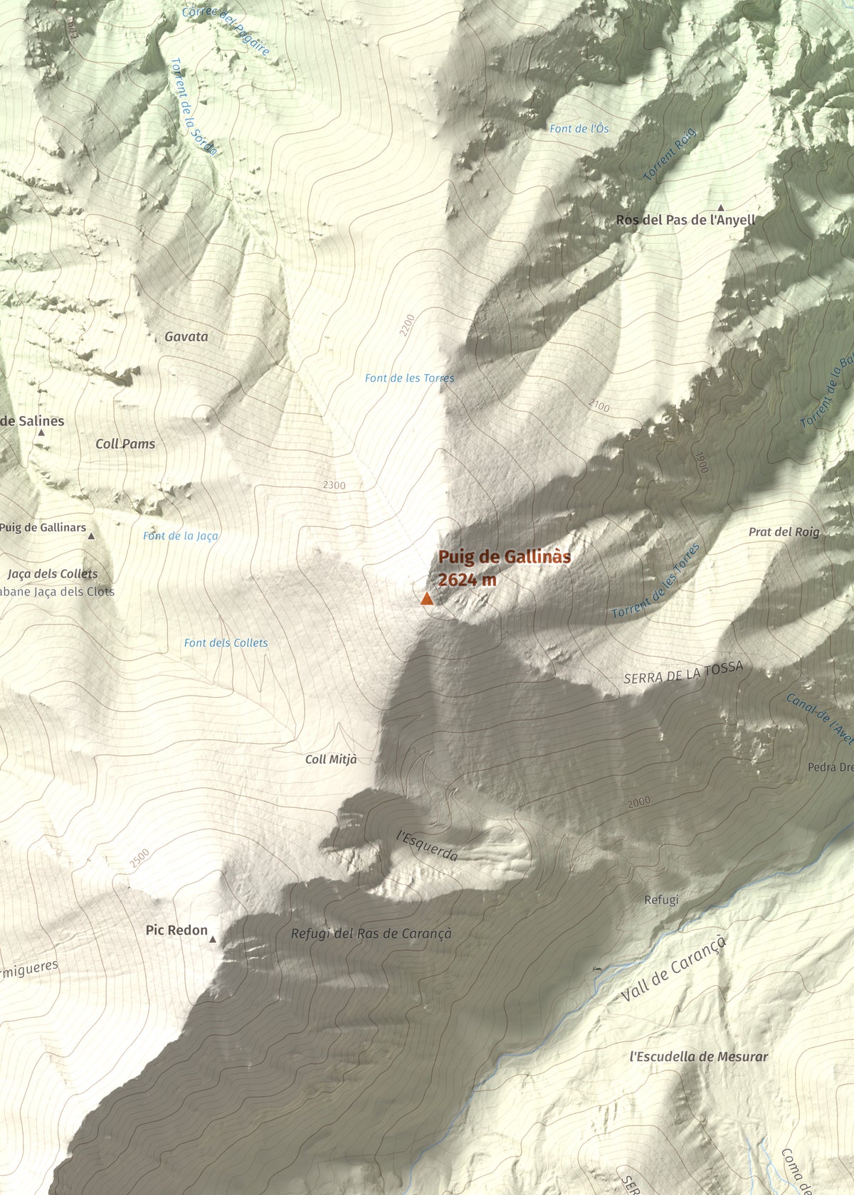 Mapa de relieve de Puig de Gallinàs, 2624 m, Conflent, lámina 100 Cims de Trobart. Detalle de la zona central. 50 × 70 cm.