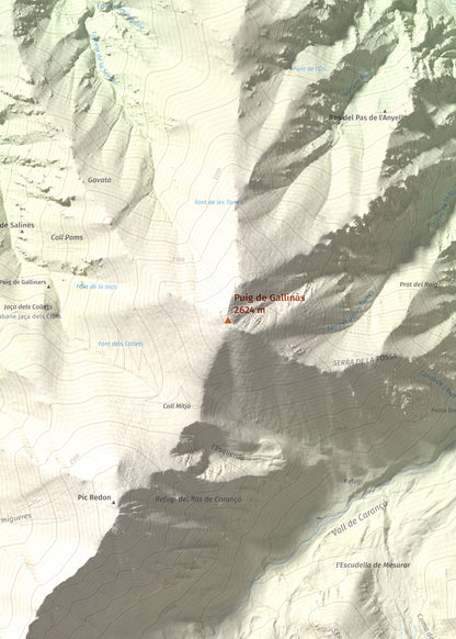Mapa de relieve de Puig de Gallinàs, 2624 m, Conflent, lámina 100 Cims de Trobart. Detalle de la zona central. 50 × 70 cm.