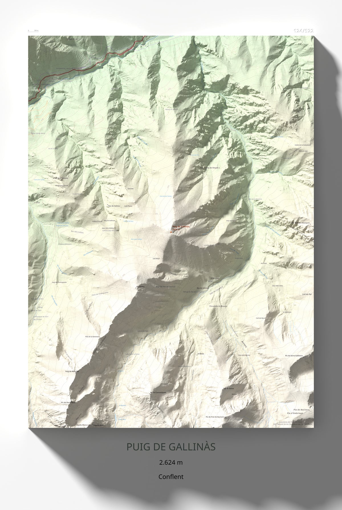 Mapa de relieve de Puig de Gallinàs, 2624 m, Conflent, lámina 100 Cims de Trobart 61 × 91 cm.