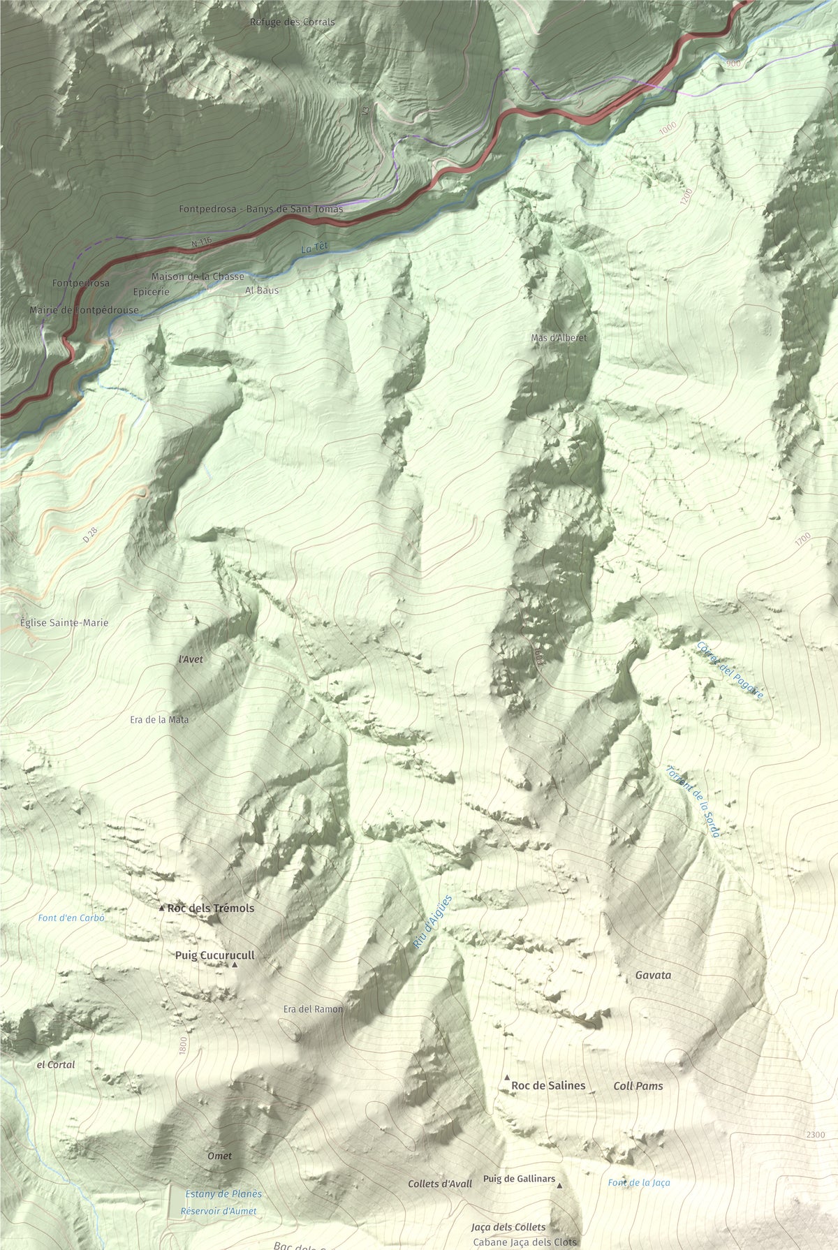 Mapa de relieve de Puig de Gallinàs, 2624 m, Conflent, lámina 100 Cims de Trobart. Detalle de la zona superior izquierda. 61 × 91 cm.
