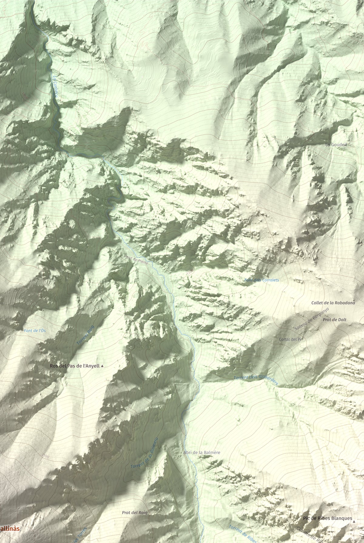 Mapa de relieve de Puig de Gallinàs, 2624 m, Conflent, lámina 100 Cims de Trobart. Detalle de la zona superior derecha. 61 × 91 cm.