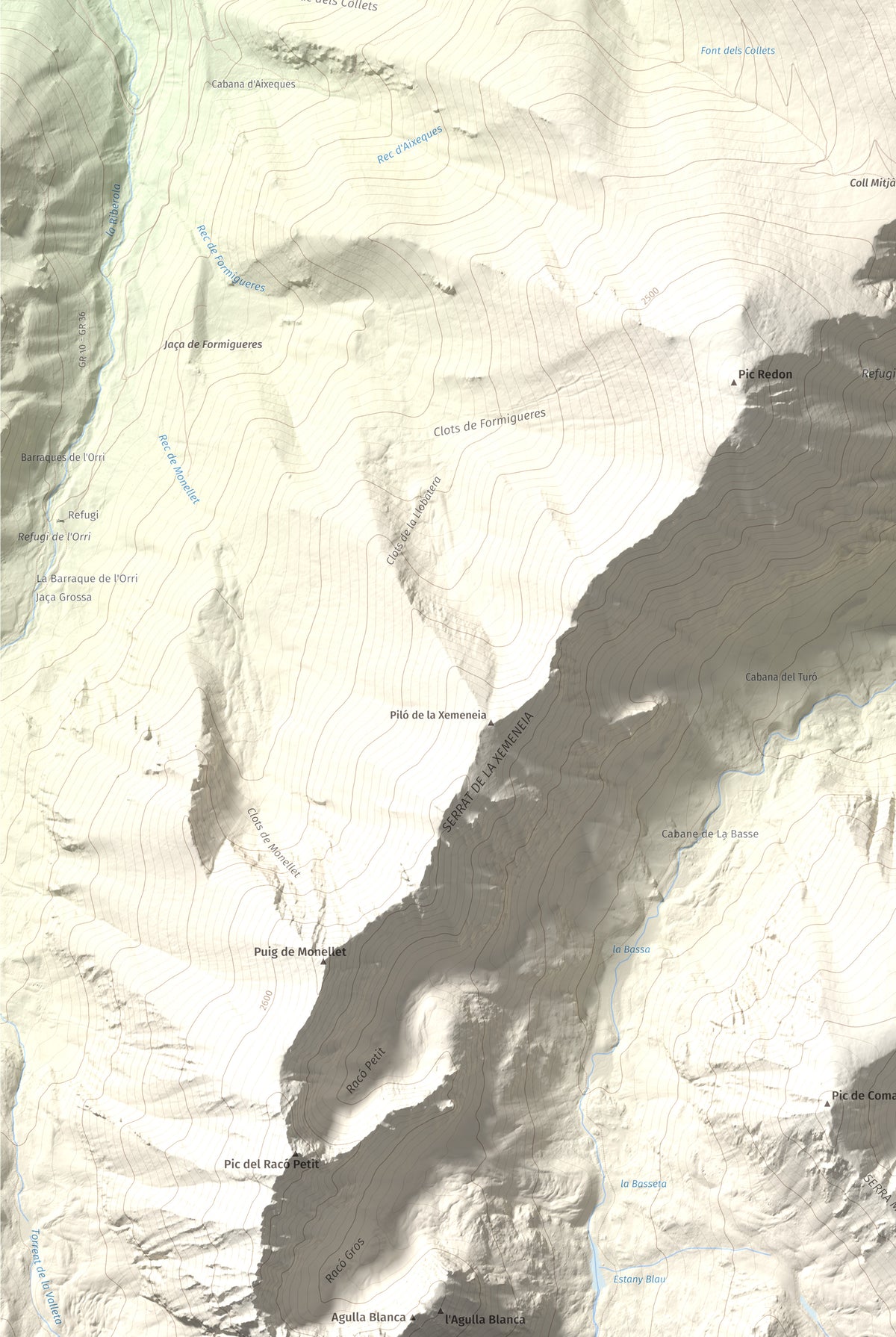 Mapa de relieve de Puig de Gallinàs, 2624 m, Conflent, lámina 100 Cims de Trobart. Detalle de la zona inferior izquierda. 61 × 91 cm.