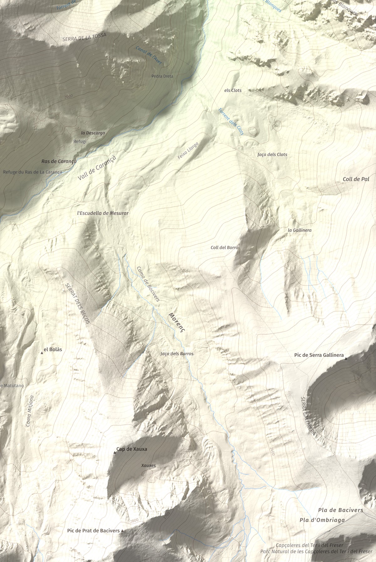 Mapa de relieve de Puig de Gallinàs, 2624 m, Conflent, lámina 100 Cims de Trobart. Detalle de la zona inferior derecha. 61 × 91 cm.