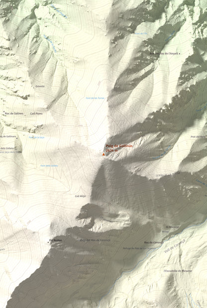 Mapa de relieve de Puig de Gallinàs, 2624 m, Conflent, lámina 100 Cims de Trobart. Detalle de la zona central. 61 × 91 cm.