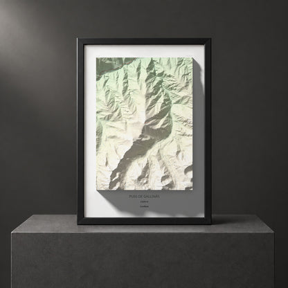 Mapa de relieve de Puig de Gallinàs, 2624 m, Conflent, lámina 100 Cims de Trobart. Presentación enmarcada. 70 × 100 cm.