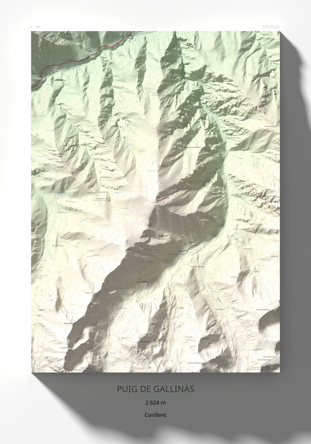 Mapa de relieve de Puig de Gallinàs, 2624 m, Conflent, lámina 100 Cims de Trobart 70 × 100 cm.