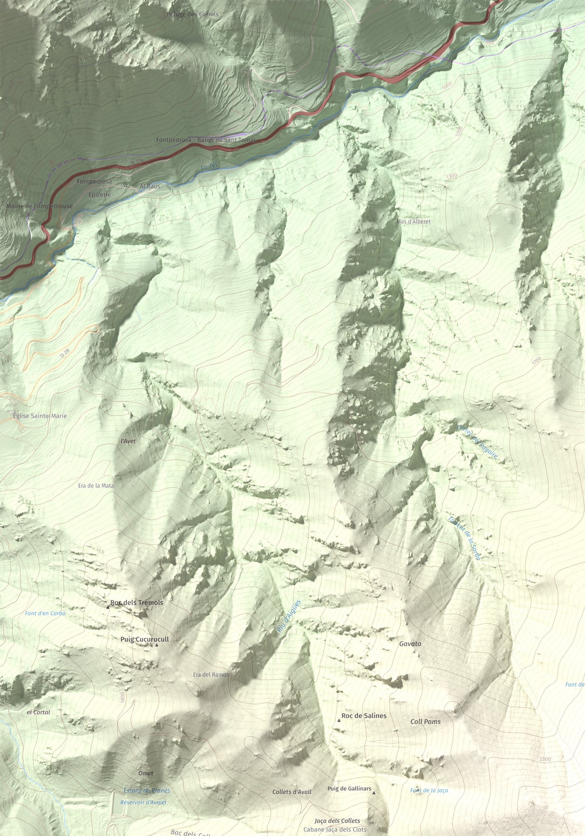 Mapa de relieve de Puig de Gallinàs, 2624 m, Conflent, lámina 100 Cims de Trobart. Detalle de la zona superior izquierda. 70 × 100 cm.