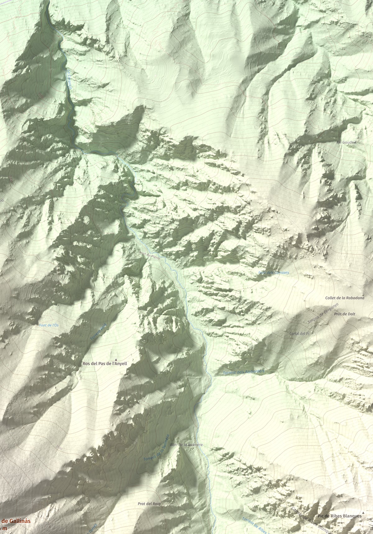 Mapa de relieve de Puig de Gallinàs, 2624 m, Conflent, lámina 100 Cims de Trobart. Detalle de la zona superior derecha. 70 × 100 cm.